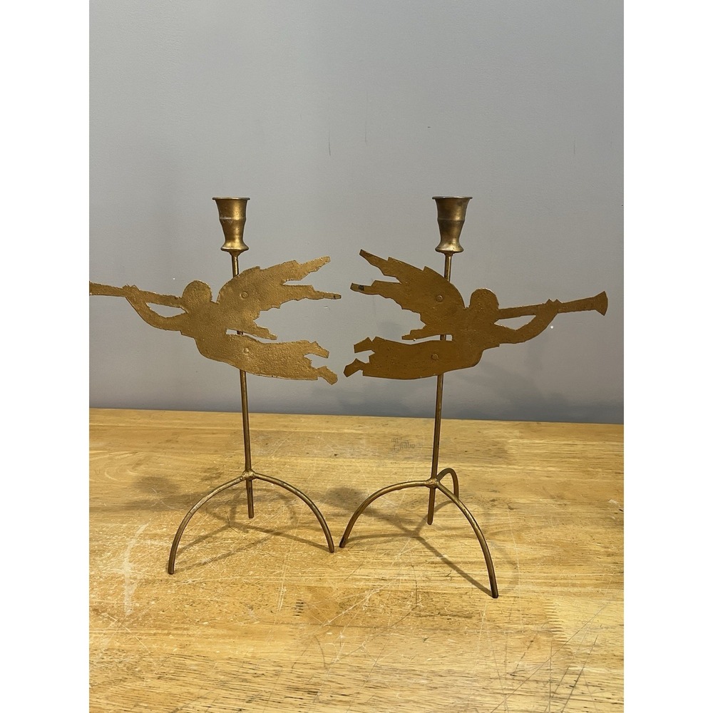 Vtg Metal Angel Candle Stick Holders 12" Painted Gold Cut Out
